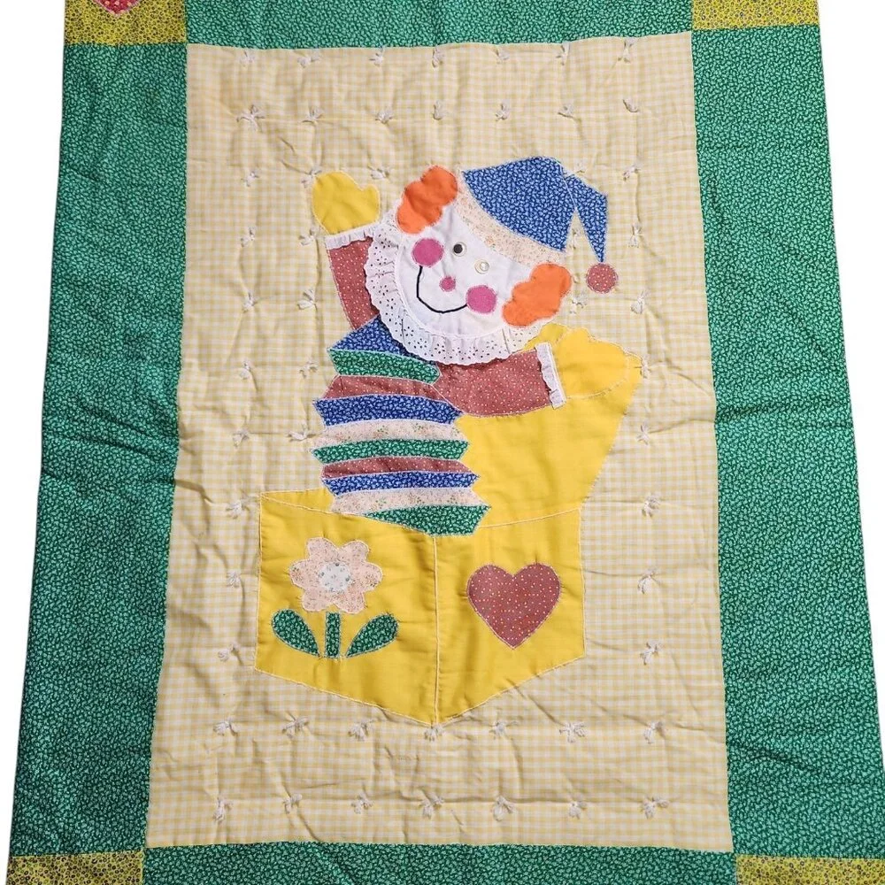 Vintage Handmade Patchwork Jack In the Box Clown Crib Gingham Floral Quilt